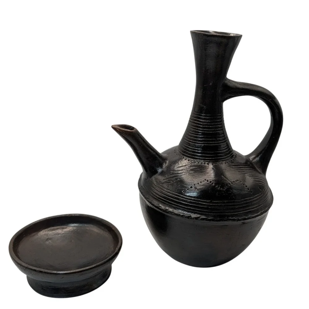 Vintage Ethiopian Jebena Pot Handmade with Stand Black Clay Coffee Pot Two Piece